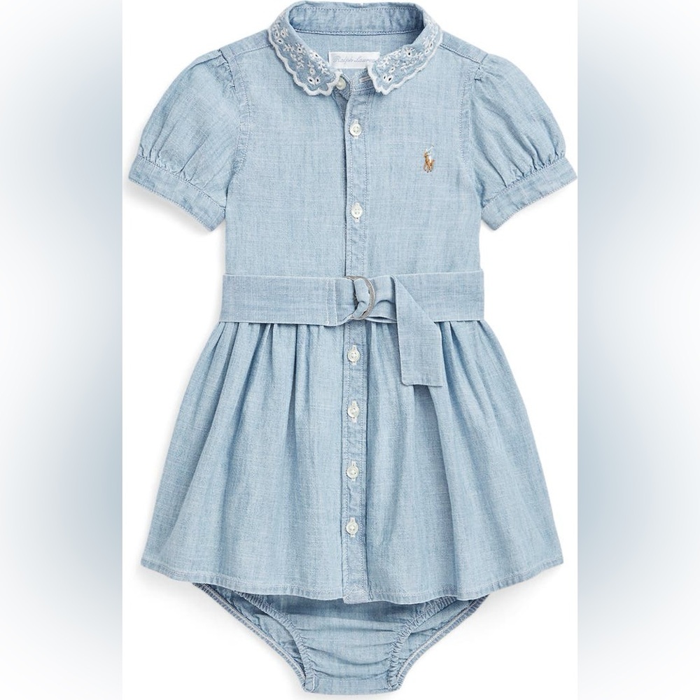 Ralph Lauren Light Blue Chambray Belted Shirt Dress with Eyelet Collar